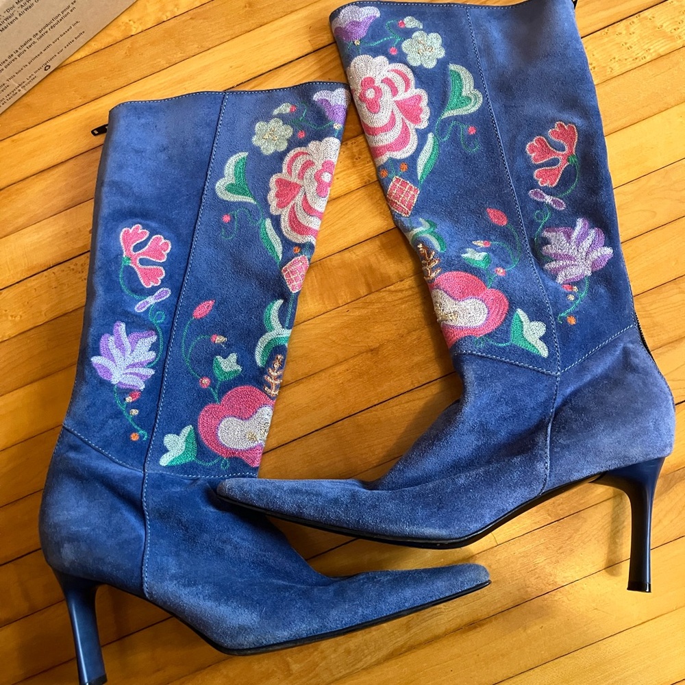 Casadei Floral Embroidered Blue Women's Boots